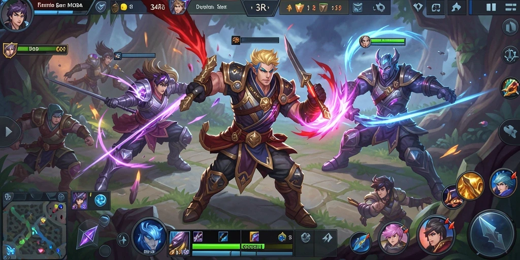 Tampilan pertarungan seru dalam game MOBA 34R dengan aksi karakter.