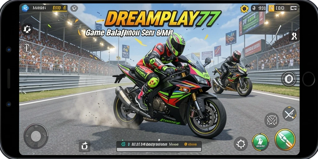 Screenshot utama DREAMPLAY77 menampilkan motor balap di trek yang mendebarkan.