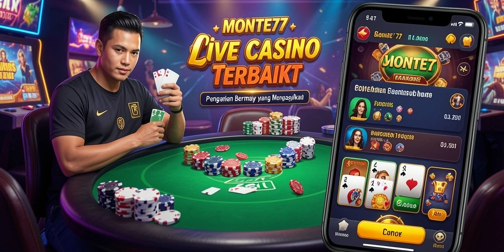 Tangkapan layar gameplay MONTE77 yang menampilkan dealer dan suasana kasino langsung.