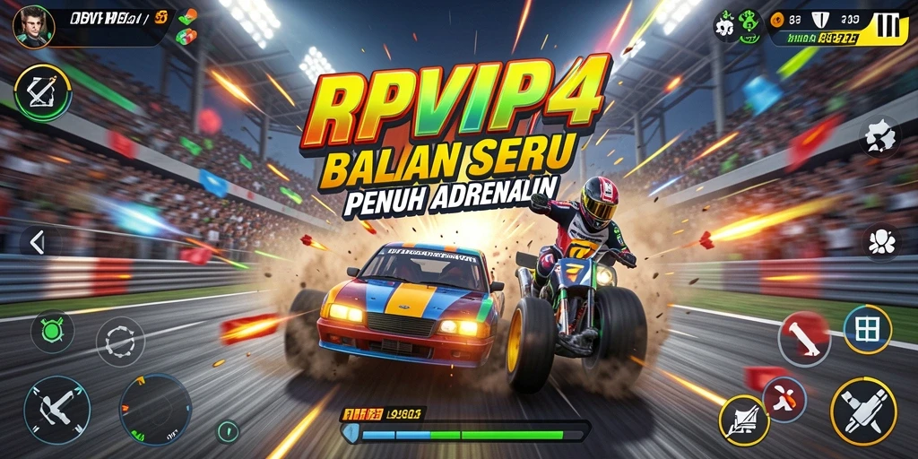 Screenshot RPVIP4 menampilkan aksi balapan yang mendebarkan dengan kendaraan berkecepatan tinggi.
